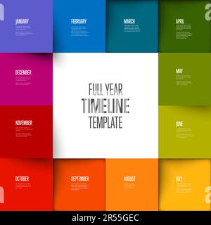 Full year timeline template with all rainbow colored months as squares in one big square, month names and short descriptions, all on white background Stock Vector