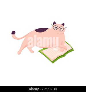 Gatto in bicchieri sdraiato con libro aperto. Illustrazione del libro di lettura del gatto. Concetto accogliente. Studio e relax a casa. Illustrazione Vettoriale