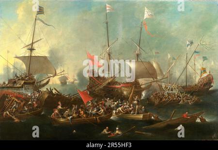 Battaglia di Lepanto, 7 ottobre 1571, nel Mar Ionio all'ingresso del Golfo di Patrasso, vicino a Lepanto, nell'attuale Grecia. Le potenze cristiane del Mediterraneo, organizzate sotto Papa Pio V, con la Spagna in testa, hanno vinto l'Impero Ottomano qui, riproduzione storica e restaurata digitalmente da un originale del tempo. / Seeschlacht von Lepanto, 7. Oktober 1571, im Ionischen Meer vor dem Eingang zum Golf von Patrasso bei Lepanto im heutigen Griechenland statt. Die christlichen Mittelmeermächte, organisiert unter Papst Pius V., mit Spanien an der Spitze, errangen hier einen Sieg Foto Stock