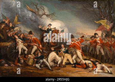 La morte del generale Mercer nella Battaglia di Princeton il 3 gennaio 1777, durante la Guerra d'Indipendenza americana, le truppe britanniche ed essiane sotto il tenente colonnello Charles Mawhood furono sconfitte a Princeton dalle truppe dell'esercito continentale americano sotto il generale George Washington dopo un attacco a sorpresa, storico, riproduzione restaurata digitalmente da un originale del periodo. / Der Tod von General Mercer bei der Schlacht von Princeton am 3. Januar 1777, während des Amerikanischen Unabhängigkeitskrieges wurden britische und hessische Trupen unter Oberstleutnant Charles Mawhood in Princeton v Foto Stock