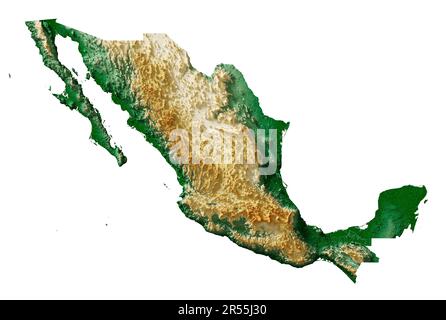 Messico. Rendering 3D estremamente dettagliato di una mappa in rilievo ombreggiata con fiumi e laghi. Colorato dall'elevazione. Sfondo bianco. Creato con i dati satellitari. Foto Stock