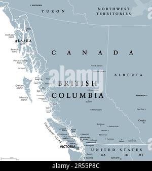 British Columbia, BC, provincia del Canada, mappa politica grigia. Situato sull'Oceano Pacifico, confinante con Alberta, Northwest Territories, Yukon e USA. Foto Stock