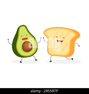 Pane tostato e avocado carino e felice. Personaggi cartoni animati felici. Illustrazione vettoriale in stile piatto alla moda isolata su sfondo bianco. Illustrazione Vettoriale