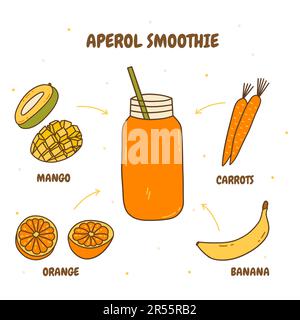 Ricetta frullato di aperol. Ingredienti per bevande vitaminiche. Arancia e banana, mango e carota. Vettore colorato isolato illustrazione disegnata a mano doodle wi Illustrazione Vettoriale