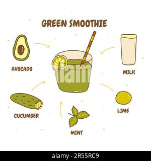 Ricetta frullato verde. Ingredienti per bevande vitaminiche. Cetriolo e avocado, menta e lime, latte vegetale. Mano colorata di illustrazione isolata vettoriale Illustrazione Vettoriale