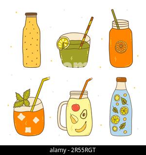 Set di frullati di frutta e verdura. Utile bevanda vitaminica, stagione estiva. Vettore colorato isolato illustrazione disegnata a mano con contorno doodle Illustrazione Vettoriale