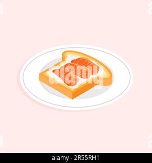 Icona di brindisi al salmone isometrico. Gustosa colazione sana. Delizioso panino aperto con fette di pesce affumicato e formaggio cremoso. Illustrazione del vettore isolata. Illustrazione Vettoriale