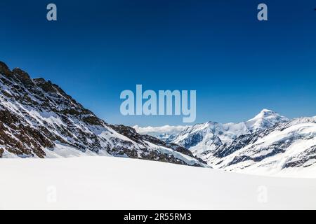 Vista sulle cime innevate lungo il sentiero escursionistico dalla cima della Jungfrau al rifugio Mönchsjoch, a sinistra Traugberg, sulle Alpi svizzere, in Svizzera Foto Stock