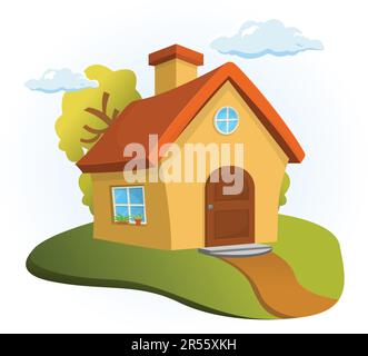Casetta in stile cartone animato con alberi estivi, nuvole, strada, erba Illustrazione Vettoriale