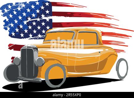 illustrazione di hot rod con bandiera americana Illustrazione Vettoriale