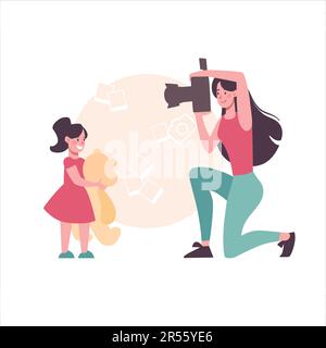 La madre fotografa la figlia con un orsacchiotto. Una donna fotografa un bambino su una macchina fotografica con un flash. Cartoon personaggi ragazza giovane con un bambino. Vettoriale, stile piatto, isolato. Illustrazione Vettoriale