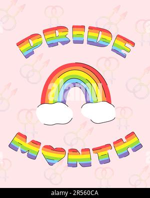 Poster del mese di orgoglio con frasi iridate e LGBTQ. Biglietto di auguri verticale su sfondo con simboli LGBT. Illustrazione vettoriale in stile piatto. Illustrazione Vettoriale