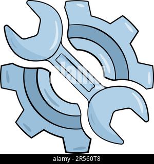 Ruota dentata e chiave. Simbolo di riparazione, regolazione, assistenza tecnica o supporto. Cartone animato. Illustrazione vettoriale Illustrazione Vettoriale