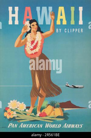 Hawaii da Clipper (Pan American World Airways, 1948) Pan Am Travel poster feat una donna hawaiana Foto Stock