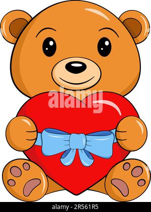 Orsacchiotto che tiene un cuore con nastro e arco. San Valentino. Cartone animato. Illustrazione vettoriale Illustrazione Vettoriale