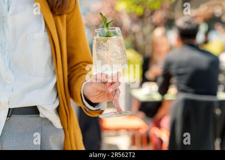 Primo piano di una donna in piedi in un giardino con un cocktail hugo spritz Foto Stock