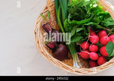 Insalata di latticine, ravanello, barbabietola, aglio, rucola. Cestino con verdure varie. Vista dall'alto. Posiziona per testo. Foto Stock