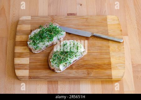 Fetta di pane con burro ed erbe aromatiche Foto Stock