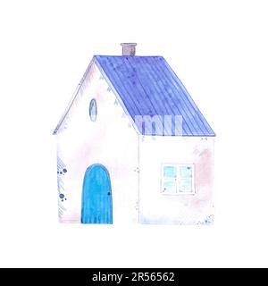 Casa di campagna disegnata a mano acquerello blu. Isolato su bianco. Può essere utilizzato per carte, modelli, inviti, etichette Foto Stock