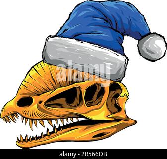 illustrazione vettoriale del cranio dilofosauro con cappello di natale Illustrazione Vettoriale