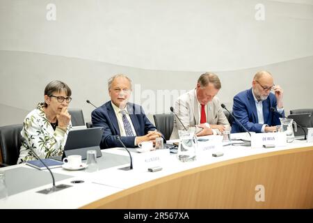 L'AIA - Jetta Klijnsma (cerchio dei Commissari del Re), Henri Lenferink (Consiglio di sicurezza), Jan de Reus (consultazione interprovinciale (IPO), Ruger Groot Wassink (Associazione dei Comuni dei Paesi Bassi (VNG) nel corso di una tavola rotonda sulla legge di diffusione nel Green van Prinstererzaal.il Consiglio dei ministri ha precedentemente approvato la legge sulla distribuzione che può obbligare i comuni ad assumere (ulteriori) richiedenti asilo se non lo fanno volontariamente. ANP ROBIN VAN LONKHUIJSEN olanda fuori - belgio fuori Foto Stock