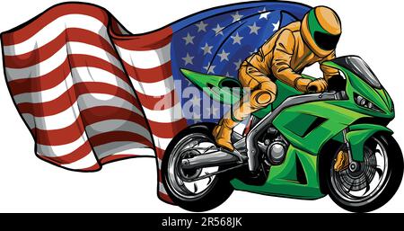 moto da corsa superbike con bandiera americana su sfondo bianco Illustrazione Vettoriale