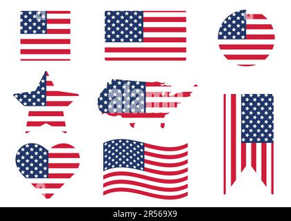 Varie bandiere americane sono isolate su sfondo bianco. Etichette di flag e forme diverse. Vettore dei simboli patriottici degli Stati Uniti Illustrazione Vettoriale