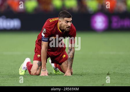 Budapest, Ungheria. 31st maggio, 2023. Lorenzo Pellegrini di AS Roma sembra sconsolato durante la partita finale della UEFA Europa League tra il Sevilla FC e come Roma alla Puskas Arena il 31 2023 maggio a Budapest, Ungheria . Credit: Marco Canoniero/Alamy Live News Foto Stock