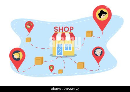 Illustrazione della consegna. Consegna merci. Il punto vendita da cui il percorso è indicato dalla linea tratteggiata sulla quale la casella porta alle icone di posizione. Negozio Illustrazione Vettoriale