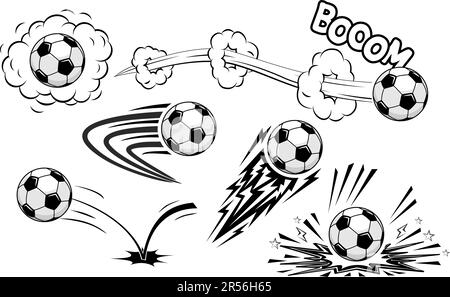 Le palle da calcio Soccers volano ad alta velocità. Vettore in stile fumetto su sfondo trasparente Illustrazione Vettoriale