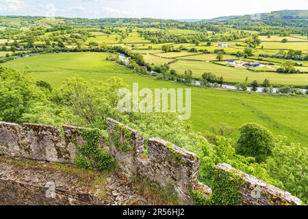 Si affaccia sulla valle del fiume Towy dalle merlature del Castello di Dinefwr (Castello di Dynevor), Llandeilo, Carmarthenshire, Galles sudoccidentale UK Foto Stock