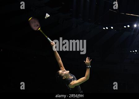 Bangkok, Thailandia. 01st giugno, 2023. Carolina Marin di Spagna gioca contro Ashmita Chaliha dell'India durante il singolo femminile di Badminton nel Thailand Open 2023 allo stadio indoor di Huamark. Carolina Marin ha vinto su Ashmita Chaliha 2-0 (21:18, 21:13) Credit: SOPA Images Limited/Alamy Live News Foto Stock