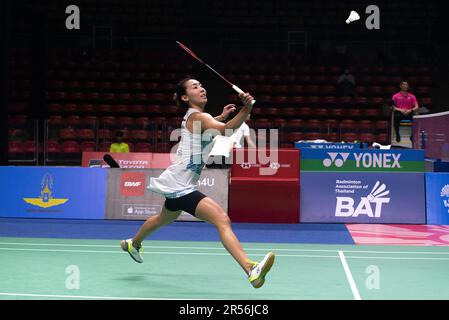 Bangkok, Thailandia. 01st giugno, 2023. Michelle li del Canada gioca contro Wang Zhi Yi della Cina durante il singolo femminile di Badminton nel Thailand Open 2023 allo stadio indoor di Huamark. Michelle li ha vinto Wang Zhi Yi 2-0 (22:20, 21:17) Credit: SOPA Images Limited/Alamy Live News Foto Stock