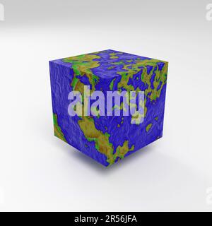 La terra come cubo con la tessitura dell'acqua e una mappa dettagliata dei rilievi dei continenti e dell'oceano su sfondo chiaro 3D rendono semplice l'illustrazione Foto Stock