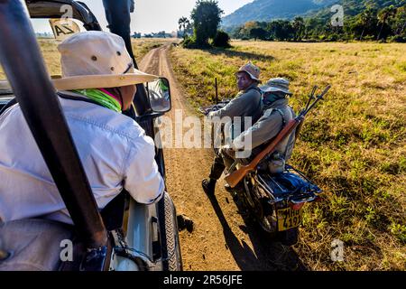 Con guida in veicolo safari attraverso il Parco Nazionale di Liwonde, Malawi. Due ranger sul bordo di un motore nel Liwonde National Park. Uno dei loro compiti è quello di dissuadere i bracconieri Foto Stock