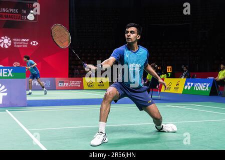 Bangkok, Thailandia. 01st giugno, 2023. Kiran George of India gioca contro Weng Hong Yang della Cina durante il singolo di Badminton Men nel Thailand Open 2023 allo Stadio al coperto Huamark. Kiran George ha vinto Weng Hong Yang 2:0(21:11, 21:19) Credit: SOPA Images Limited/Alamy Live News Foto Stock