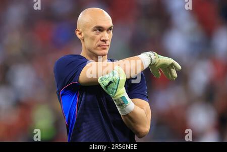 Budapest, 31 maggio 2023. Il portiere di Siviglia (Serbia), Marko Dmitrovic durante la finale della UEFA Europa League tra il Sevilla FC e AS Roma allo stadio Puskás Aréna di Budapest, il 31 maggio 2023. Photo by, Kredit: Gabriella Barbara, Alamy Live News Foto Stock