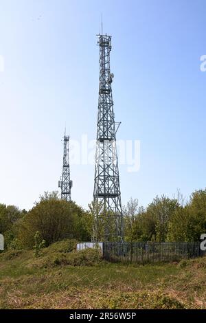 Due torri di comunicazione radio si trovavano sulla cima di una collina, offrendo una buona visuale con molti altri alberi simili più lontani Foto Stock