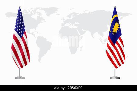 Bandiere degli Stati Uniti e della Malesia per l'incontro ufficiale sullo sfondo della mappa mondiale. Illustrazione Vettoriale