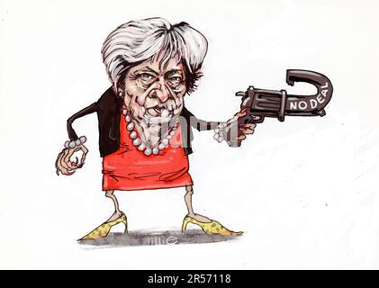 Arte satirica della caricatura dell’ex primo ministro del Regno Unito, Theresa Mary, deputato di Maidenhead, che detiene la Brexit non è una pistola d’accordo con il barile invertito. Foto Stock