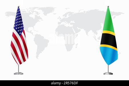 Bandiere degli Stati Uniti e della Tanzania per l'incontro ufficiale sullo sfondo della mappa mondiale. Illustrazione Vettoriale
