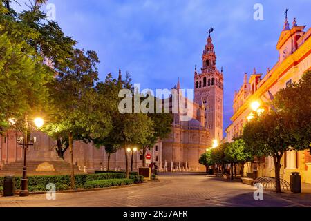 Famoso Campanile chiamato Giralda e Cattedrale di Santa Maria del vedere di notte, Siviglia, Andalusia, Spagna Foto Stock