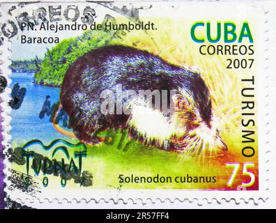 MOSCA, RUSSIA - 17 MAGGIO 2023: Francobollo stampato a Cuba mostra Cuban Solenodon (Solenodon cubano), Turismo, serie di animali, circa 2007 Foto Stock