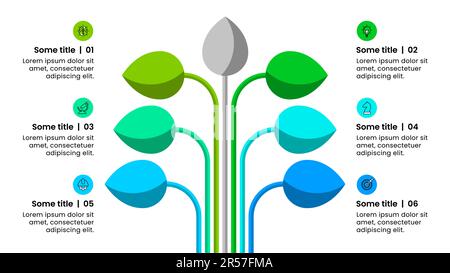 Modello infografico con icone e 6 opzioni o passaggi. Pianta. Può essere utilizzato per il layout del flusso di lavoro, il diagramma, il banner, il webdesign. Illustrazione vettoriale Illustrazione Vettoriale