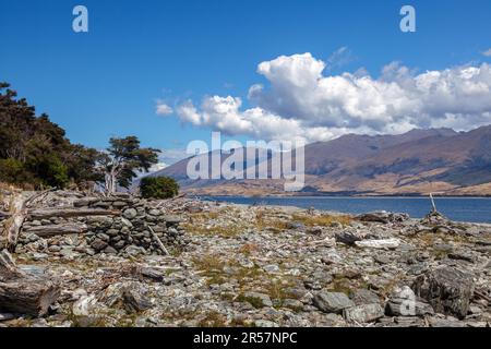 Driftwood e rocce sulla riva del lago Wanaka Foto Stock