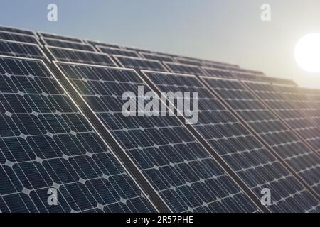 Centrale solare contro il sorgere del sole, focalizzazione selettiva sul primo pannello solare. Concetto di energia alternativa, rendering 3D Foto Stock