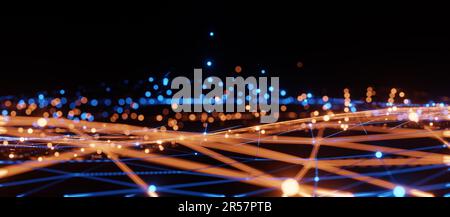 Griglia di illuminazione blu e arancione, tecnologia di comunicazione per Internet business. Rete mondiale globale e concetto di telecomunicazioni, 3D Foto Stock