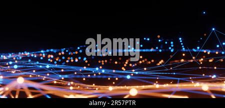 Griglia di illuminazione blu e arancione, tecnologia di comunicazione per Internet business. Rete mondiale globale e concetto di telecomunicazioni, 3D Foto Stock