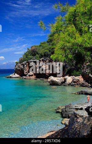 Spiaggia di Dragonera, Agistri, Isole Saroniche, Grecia. Foto Stock