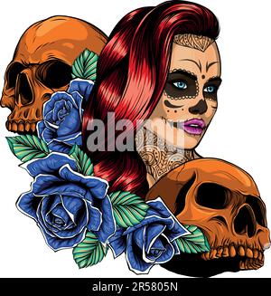 Illustrazione vettoriale della ragazza morta con due teschi. Illustrazione Vettoriale
